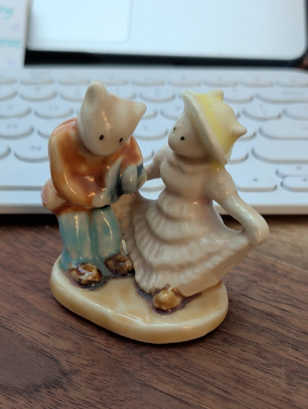 Hand-Painted Ceramic Animal Couple Figurine in Cream, Blue and Yellow